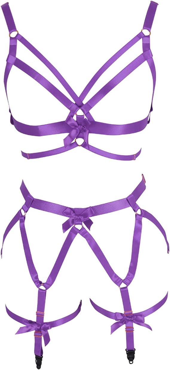 Women Strappy Full Cage Body Harness Lingerie Garter Belt Set Elastic Hollow Tops Bra Punk Gothic Festival Rave Wear
