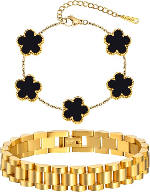 Stackable Gold Floral Bracelets Set , 2pcs 18K Gold Plated Bracelet Non-Tarnish,Stainless Steel Link Chain Friendship Bracelet,Watch Band Trendy Jewelry,Christmas Valentines Birthday Gifts for Women