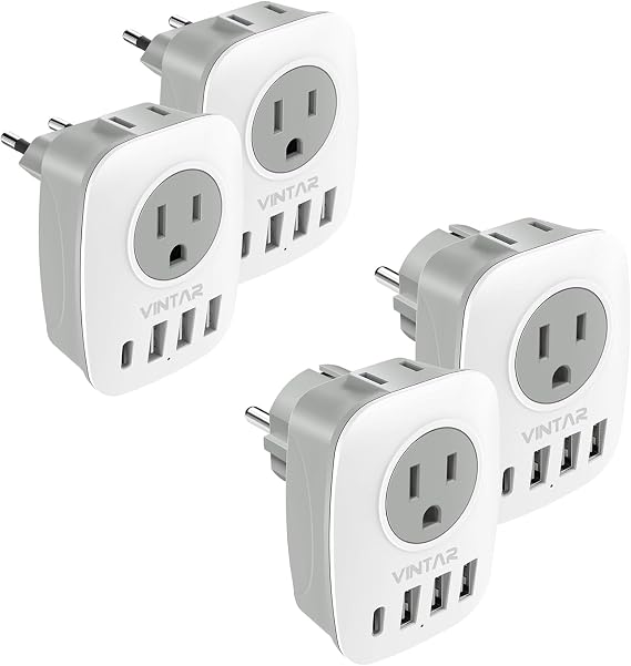 [4-Pack] European Travel Plug Adapter USB C, VINTAR US to Europe and Germany Plug Adapter with 2 Outlets 4 USB Charger 1 USB C Port