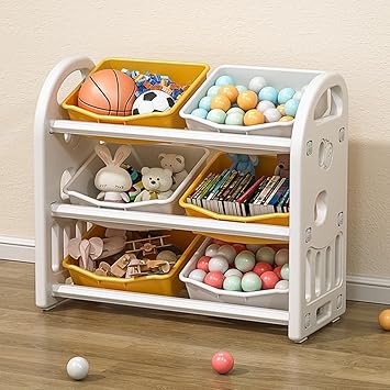 Kids Toy Storage Organizer, with 6 Removable Plastic Bins, Multi-Purpose 3-Tier Toy Shelf Large Storage Capacity Toy Storage Cabinet for Playroom, Kids Room, Nursery Room (Yellow)
