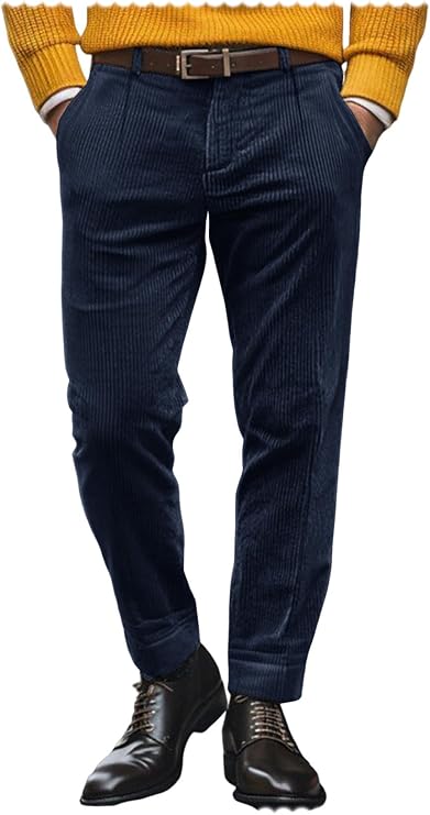 Men's Casual Pants Flat Front Vintage Corduroy Trousers with Pockets