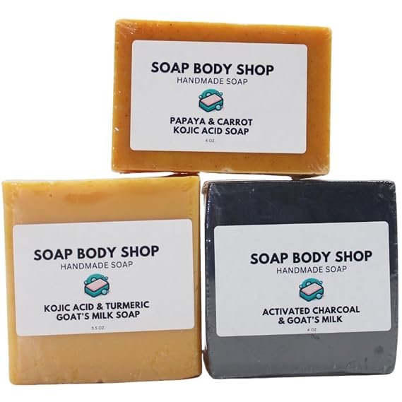 Unscented Goats Milk Soap Set 3-Piece, Brightening, Deep Cleansing & Hydrating Face & Body Bars: Papaya & Carrot Kojic, Kojic & Turmeric, and Activated Charcoal Gentle, Nourishing, Fragrance-Free