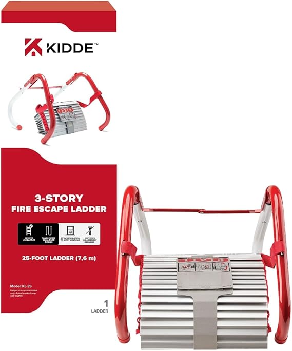 سلم Kidde Fire Escape ، سلم حبل من 3 طوابق ، يمتد إلى 25 قدمًا ، رنين مضاد للانزلاق