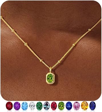 M MOOHAM Dainty Birthstone Necklace for Women, Non Tarnish 14K Gold Plated Necklace Trendy Oval CZ Birthstone Pendant Necklaces Personalized Birthday Jewelry Gifts for Women