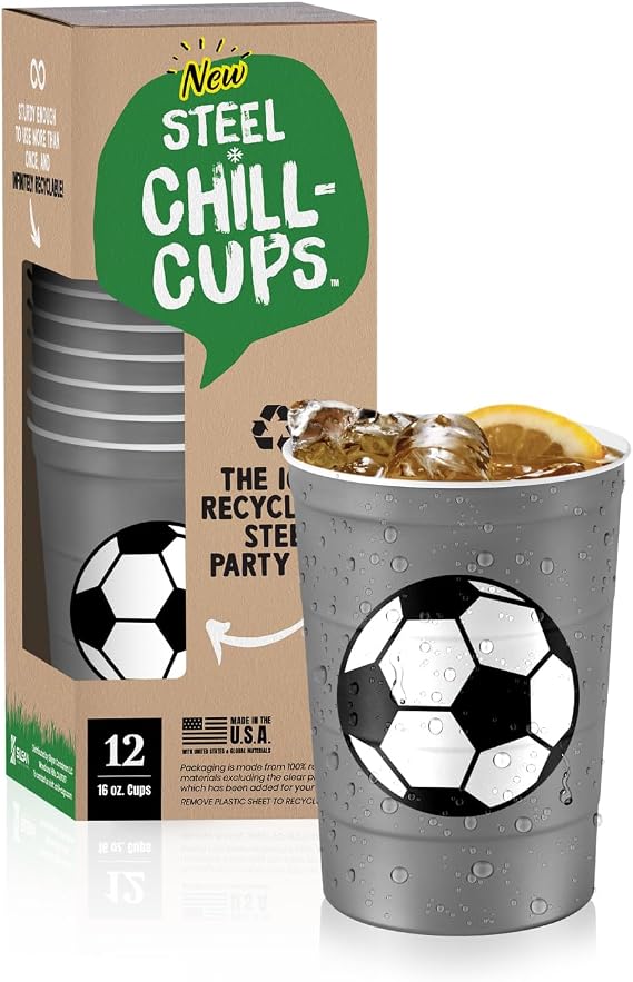 Steel Chill Cups 16 oz. Party Cup Soccer Design for Cold Drinks, Durable, Disposable, Recyclable, Made in USA, Gray, 12 Count