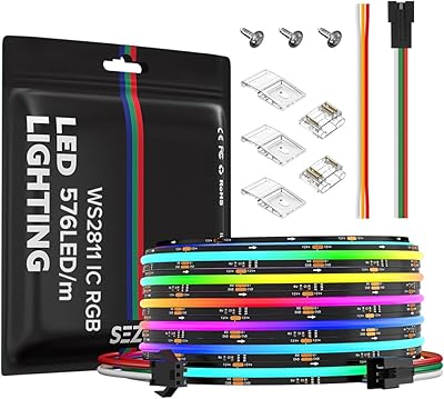 مصابيح شريط LED SEZO RGB Smart IC COB قابلة للعنونة WS2811 IC 24V 16.4ft5m 576LEDsm IP30 Color Chasing شريط ضوء مرن FCOB RGB للتلفزيون والديكور المنزلي DIYNo محول ووحدة تحكم