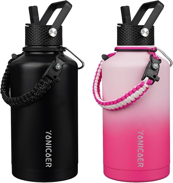 Insulated Water Bottle 64oz(sakura pink)+Insulated Water Bottle 64oz(Black) Triple Wall Vacuum Stainless Steel(Dishwasher Safe)