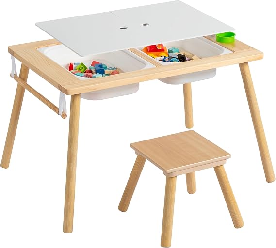 Karl home Sensory Table for Toddlers with Stool, Multifunction Activity Table with 2 Storage Bins, Kids Table with Pen Holder, Art & Craft, Play Sand Indoor and Outdoor, Gifts for Boys and Girls