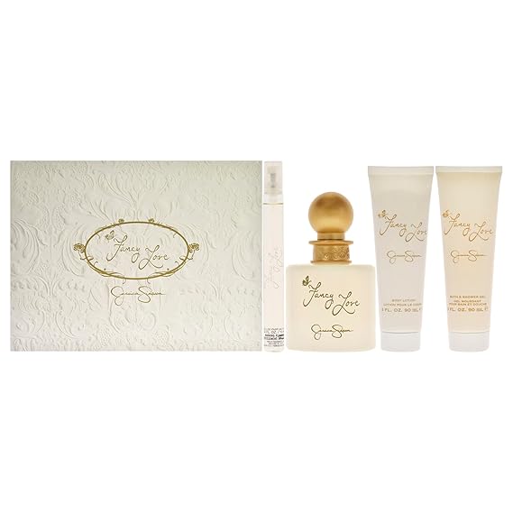 Fancy Love by Jessica Simpson for Women - 4 Pc Gift Set 3.4oz EDP Spray، 0.34oz EDP Mini Spray، 3oz Body Lotion، 3oz Bath & Shower Creme