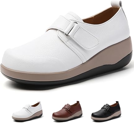 Women's Leather Platform Wedge Slip On Casual Loafers with Adjustable Hook Loop Classic Comfortable Anti-Collision Round Toe Non-Slip Walking Shoes Daily Work Dress Nurse Shoes