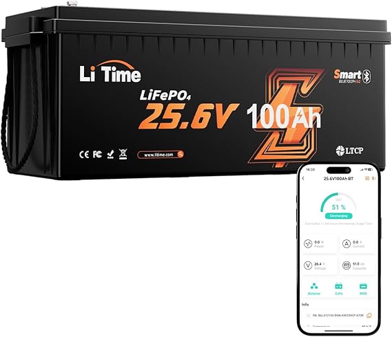 بطارية ليثيوم LiTime 24V 100Ah Bluetooth LiFePO4، حماية من القطع في درجات الحرارة المنخفضة، نظام إدارة المباني المدمج 100A، دورات عميقة 4000+ لمحركات التصيد، والمركبات الترفيهية، والبحرية، وخارج الشبكة، والطاقة المنزلية