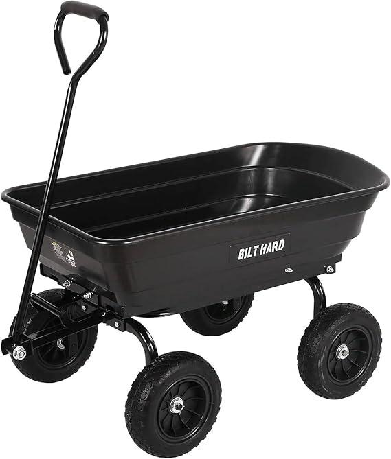 BILT HARD 4 Cu.Ft. 10" No-Flat Tires Poly Yard Dump Cart with 180 Rotating Handle, 600 lbs Capacity Heavy Duty Garden Carts and Wagons