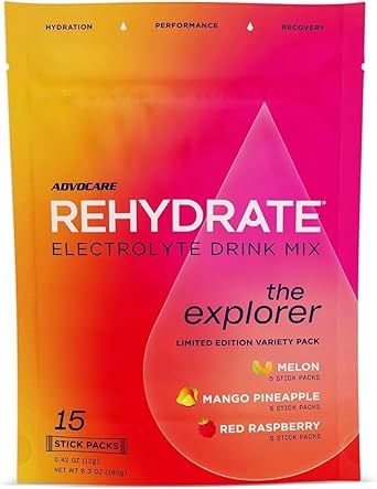 AdvoCare Rehydrate Electrolyte Drink Mix - Hydration & Recovery Drink with Sodium, Potassium & More - 15 Servings - Variety Pack