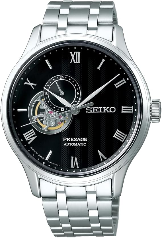 PRESAGE SARY093 Men's Watch, Japanese Mechanical, Automatic Hand Winding, Japanese Garden, Open Heart, 24 Hour Hand, Black Dial, Stainless Steel