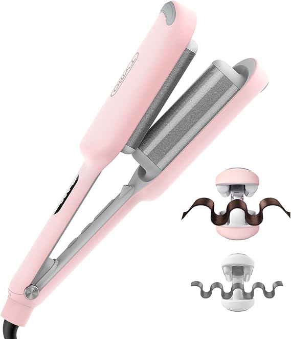 تجعيد الشعر الحديد المكشكش ويفر - TYMO ROVY Beach Waves Curling Wand، أداة تجعيد الشعر Ionic Deep Waver مع 3 برميل من السيراميك للنساء، جهد مزدوج، مضاد للحرق، سهل الاستخدام، وردي، 1.25 بوصة
