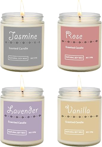 Scented Candle Gift Set, 4 Pack 25oz Soy Wax Candles, 200 Hour Burn Time, Long Lasting Aromatherapy Candles for Home Fragrance, Ideal Gift for Women and Men Lavender, Jasmine, Rose, Vanilla