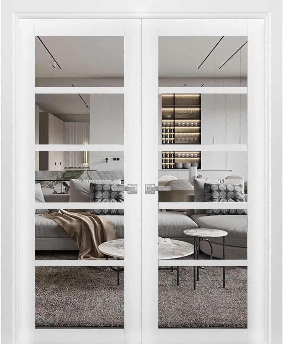 SARTODOORS Quadro 4522 | أبواب فرنسية داخلية مزدوجة التأرجح مع زجاج، MDF، أجهزة متضمنة، 36x80، أبيض، حديث