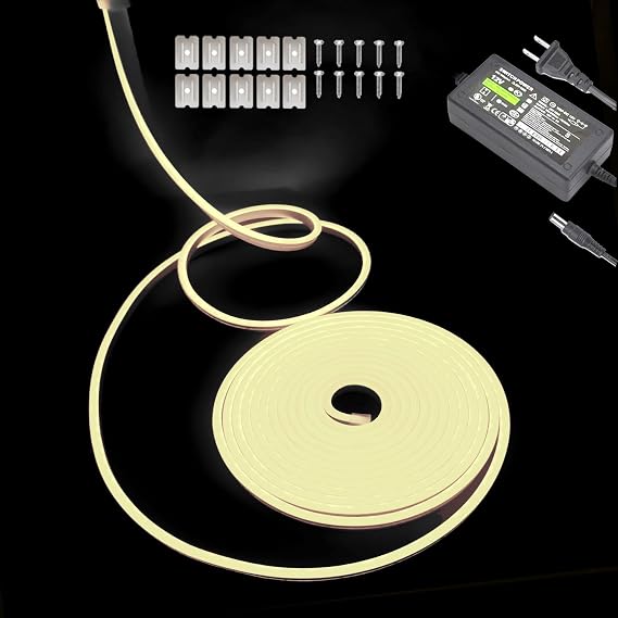 Warm White Neon LED Strip Light, 16.4ft/5M Flexible Rope Light - 12V DC, 600 LEDs, Waterproof for Indoor & Outdoor Home Decor (Include Power Adapter)