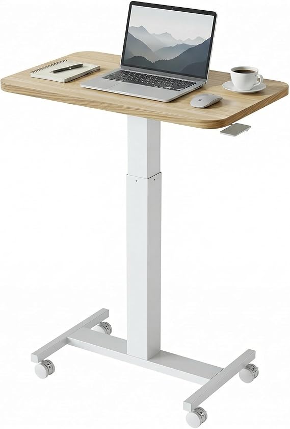 HUANUO Small Rolling Laptop Standing Desk, Height Adjustable Mobile T-Base Desk with Lockable Casters, Portable Sit-Stand Workstation for Bedside & Sofa, Light Walunt