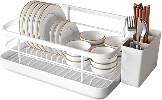 Kitchen Dish Rack | Cutlery Drainer with Utensil Holder,Dish Organizer, Drying Dish Rack with Drip Tray for Bowls and Plates