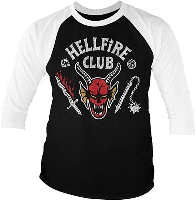 أشياء غريبة مرخصة رسميًا Hellfire Club Baseball 34 Sleeve T-Shirt White-Black، XX-Large