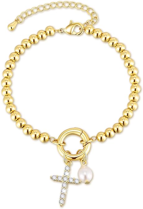 Womens Gold Beaded Cross Bracelet - 14k Gold Plated Baroque Pearl Zircon Cross Bracelets,Non Tarnish Religious Jewelry Pulseras Para Mujer,Catholic Confirmation Baptism Easter Gifts for Woman