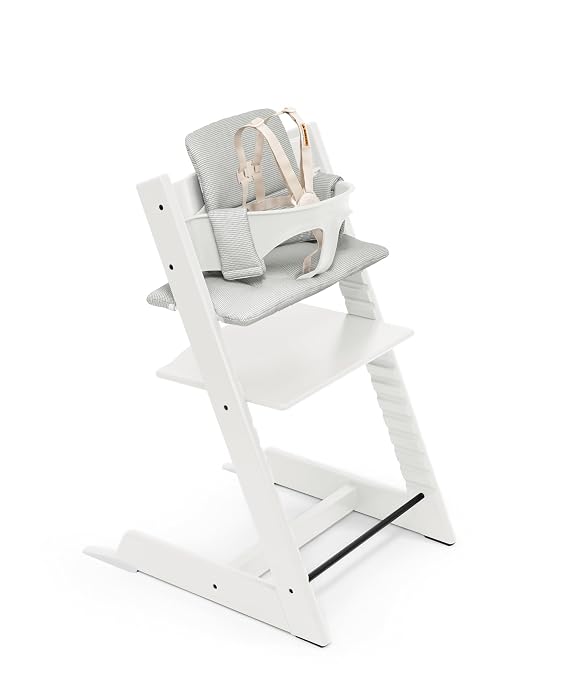 Tripp Trapp High Chair White, Nordic Grey Cushion Signature Edition Includes Chair + Cushion + Baby Set with Removable Harness for Children 6-36 Months - Adjustable, Ergonomic & Easy to Clean