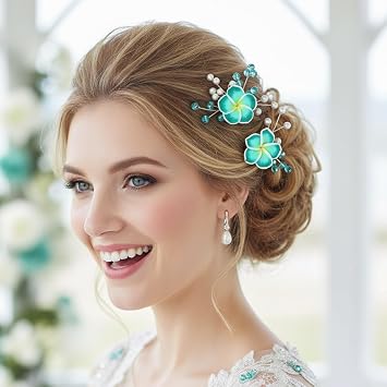 Fstrend Hawaiian Plumeria Flower Hair Pins for Women, Wedding Bride Tropical Party Headpiece with Rhinestone Accents