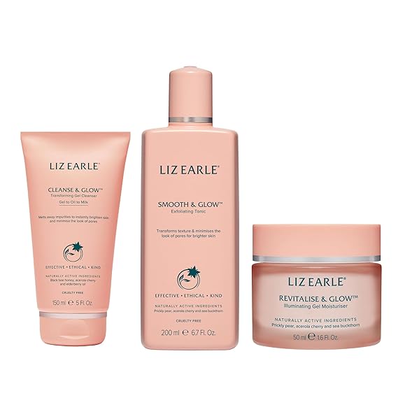 مجموعة Liz Earle Glow Routine Collection - غسول للوجه وتونر للبشرة ومرطب للوجه لتفتيح البشرة وتوهجها - عناية بالبشرة لتقليل المسام غنية بالنباتات الغنية بمضادات الأكسدة 3 قطع