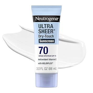 Neutrogena Ultra Sheer Dry Touch Sunscreen Lotion SPF 70 Broad Spectrum UVA UVB Protection Lightweight Water Resistant up to 80 Minutes Oil PABA Oxybenzone Free, 3 fl oz