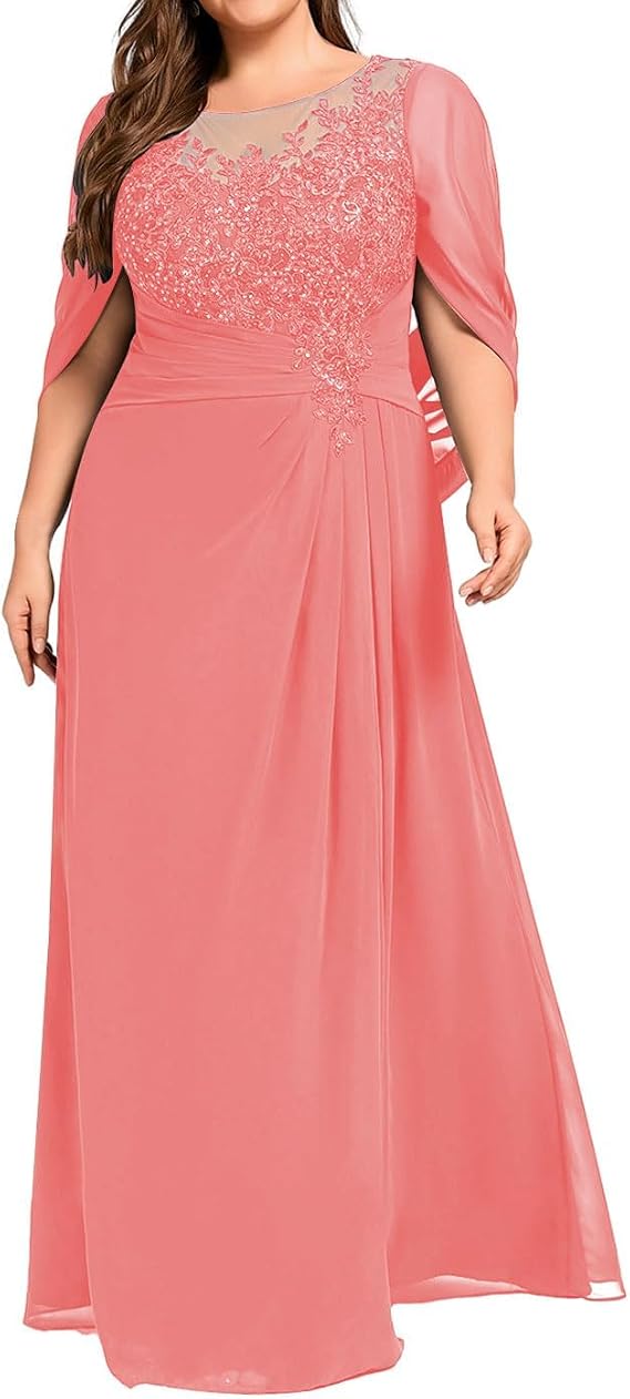 Chiffon Mother of The Bride Dresses for Wedding - Cape Sleeves Lace Applique Sequin Pleated Grandmother of Groom Dress