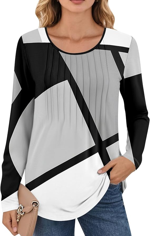 Womens Long Sleeve T Shirts Trendy Ruched Fitted Tunic Tops Dressy Casual Elegant Crewneck Cute Basic Graphic Blouses