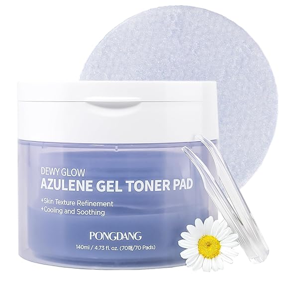 PONGDANG Dewy Glow Azulene Gel Toner Pad (70 Pads) | Cooling & Soothing Facial Pads for Hydration, Skin Texture & Glow with Guaiazulene, Chamomile, Vegan Collagen | Korean Skin Care