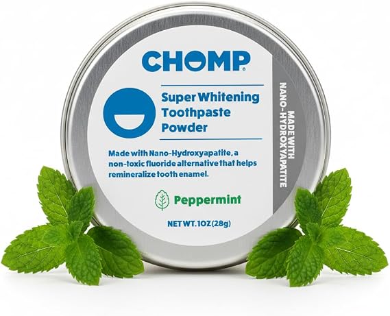 Chomp 5% Nano Hydroxyapatite Tooth Powder Fluoride Free Peppermint Toothpaste Powder for Enamel Remineralization, Sensitive Teeth & Fresh Breath, Plastic-Free Oral Care