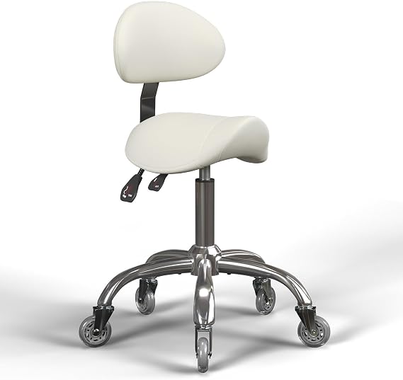 Saddle Stool with Wheels, Ergonomic Saddle Chair with Back Support, Heavy-Duty Swivel Stool 350LBS, Height Adjustable Rolling Chair for Home Office, Salon, Tattoo, Spa, Dentist, Beige