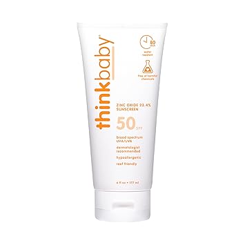 Thinkbaby SPF 50+ Baby Sunscreen, 6 Oz. Safe, Natural Mineral Sun Cream for Babies - Water Resistant, Broad Spectrum UVA/UVB Sun Protection Vegan Sunscreen for Kids