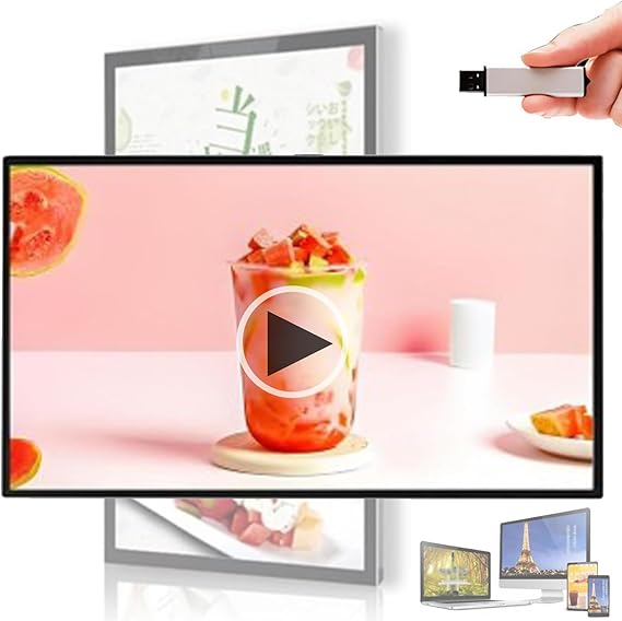18.521.523.627324349 Indoor Digital Signage Display, Commercial Advertising Digital Kiosk, Wall-Mounted LCD Advertising Media Player with Split Screen,Timed OpenOff 18.5inch