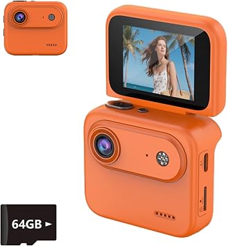 Mini Sports Camera, 4K Ultra Clear Recording VLOG Recorder with Flip Screen, 143 Wide-Angle, Anti-Shake Stabilization, Tiny Action Cam for Travel & Content Creators Orange+64G