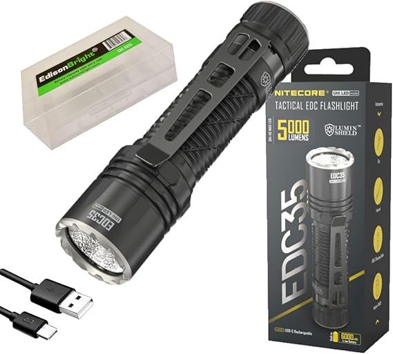 مصباح يدوي تكتيكي Nitecore EDC35 LED USB-C قابل لإعادة الشحن بقوة 5000 لومن، بطارية، حبل باراكورد مع حقيبة ملحقات EdisonBright