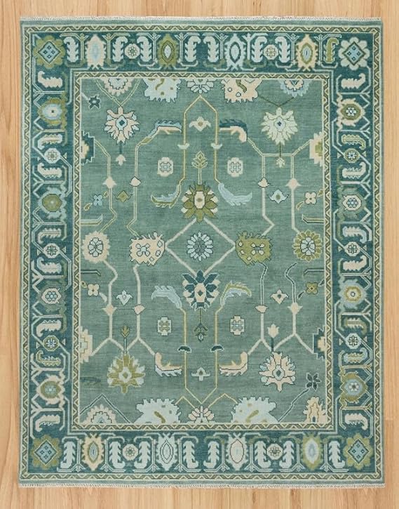 Hand-Tufted Oushak Wool Rug Handmade Unique Turkish Traditional Design, Boho Inspired Rug in Soft Pastel Colors for Living Room, Bedroom & Entryway Decor (Green Blue, 9' x 12')