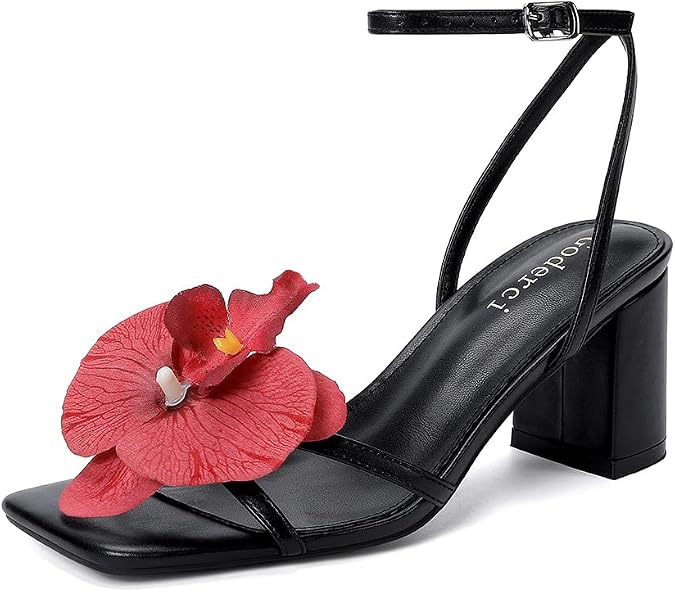 Goderci Women's Heels with Flower Square Open Toe Mid Ankle Strap Heeled Sandals Chunky Block Floral Heels