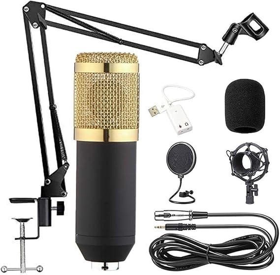 BM-800 مكثف ميكروفون كيت مع تعليق قابل للتعديل مقص الذراع الوقوف، صدمة جبل، مرشح البوب، بطاقة الصوت، للألعاب، بودكاست، تسجيل الاستوديو