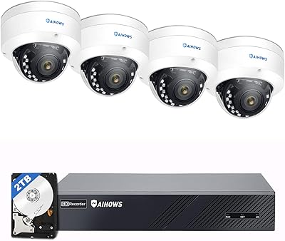 5Mp Dome PoE Security Camera System with 4Pcs IP Surveillance Camera, 8CH H.265 NVR Home Video Surveillance System Pre-Install 2TB HDD for 247 Sound & Video Recording