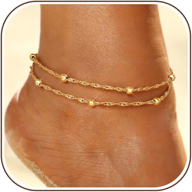 أساور الكاحل LOYALLOOK للنساء مقاومة للماء، مجموعة أساور الكاحل المصنوعة من خرز سلسلة فيجارو الكوبية المطلية بالذهب عيار 14 قيراطًا، أساور الكاحل ذات الطبقات الأنيقة للنساء غير قابلة للتشوه مجوهرات قدم الشاطئ الصيفية مقاس قابل للتعديل