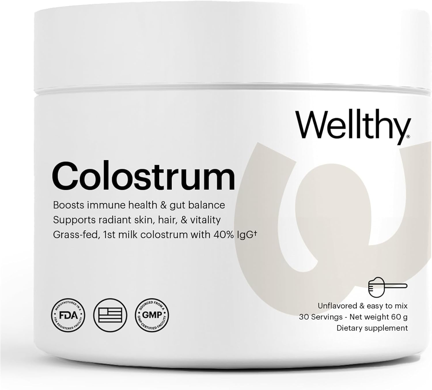 Wellthy Colostrum Powder – Grass-Fed، 40٪ IgG – يدعم نظام المناعة وصحة الأمعاء والجلد المشع – 30 حصص – صنع في الولايات المتحدة الأمريكية
