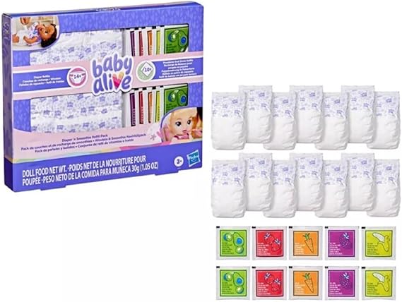 عبوة إعادة تعبئة حفاضات وعصائر Baby Alive تحتوي على 14 حفاضة و10 مشروبات للدمى