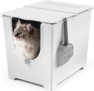 Modkat Flip Litter Box with Lid - Covered Front-Entry Cat Litter Box with Lid - Full Height Seamless Base, Leak-Proof Design - Reusable Liner, Sifting Scoop & 2 Bamboo Charcoal Filters White