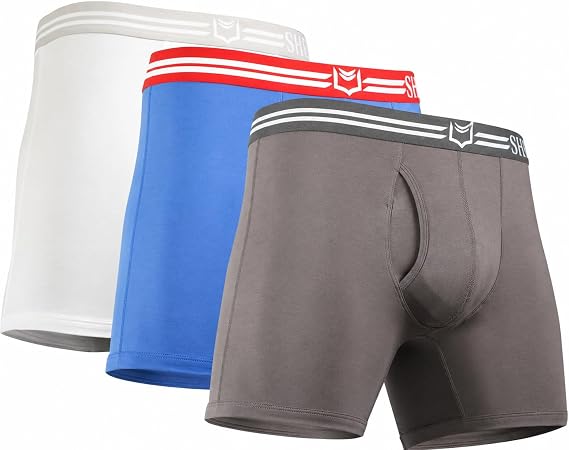 SHEATH 4.0 | 3-Pack Bundle | Men's Modal Dual Pouch Boxer Briefs | Premium Comfort Underwear - Gray/White, Blue/Red, White/Red - L