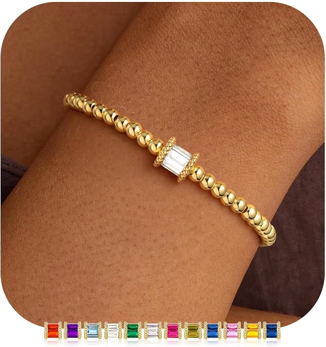 M MOOHAM Birthstone Gold Beaded Bracelets for Women Girls, Dainty Elastic 14k Real Gold Plated Beaded Bracelets Trendy Non Tarnish Friendship Birthday Jewelry Gifts for Women