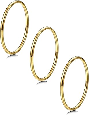 LOYALLOOK 3 قطع خواتم قابلة للتكديس مملوءة بالذهب عيار 14 قيراطًا رفيعة مقاس 1 مم للنساء غير قابلة للتشوه من الفولاذ المقاوم للصدأ، خواتم متوسطة الطول قابلة للتكديس بمفصل إبهام وردي، مقاس مريح من 3 إلى 10